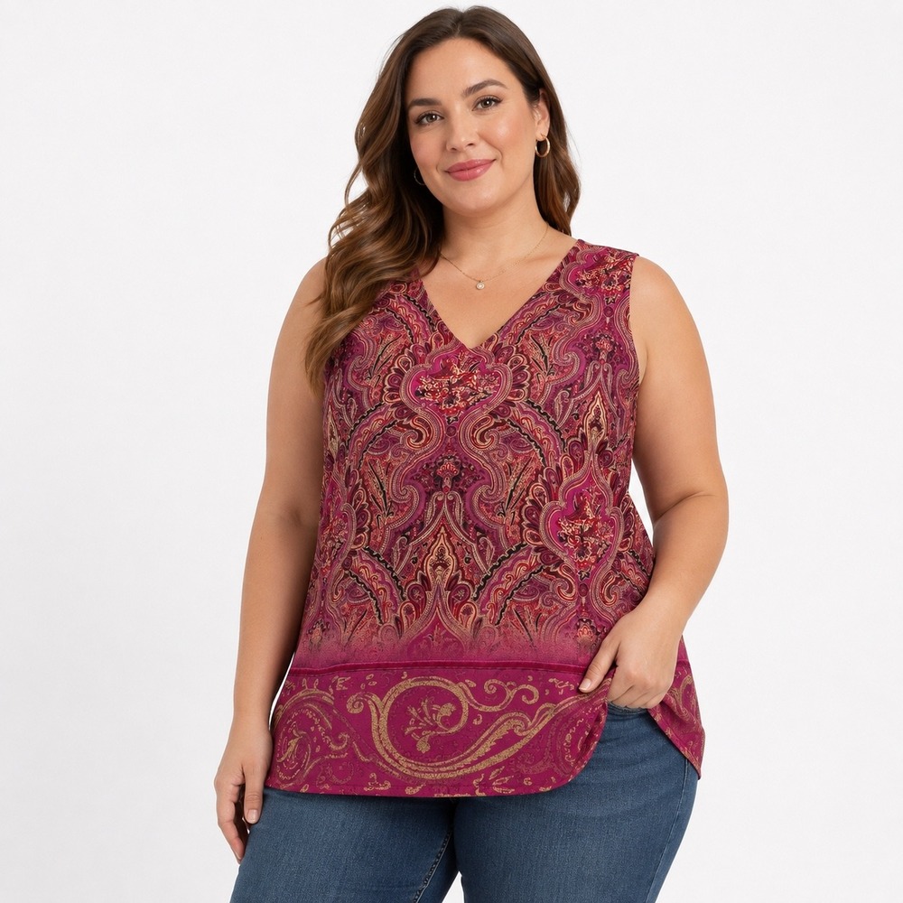 Valerie Stevens II Pink Paisley 100% Silk Sleeveless V-Neck Top Plus Size 18W